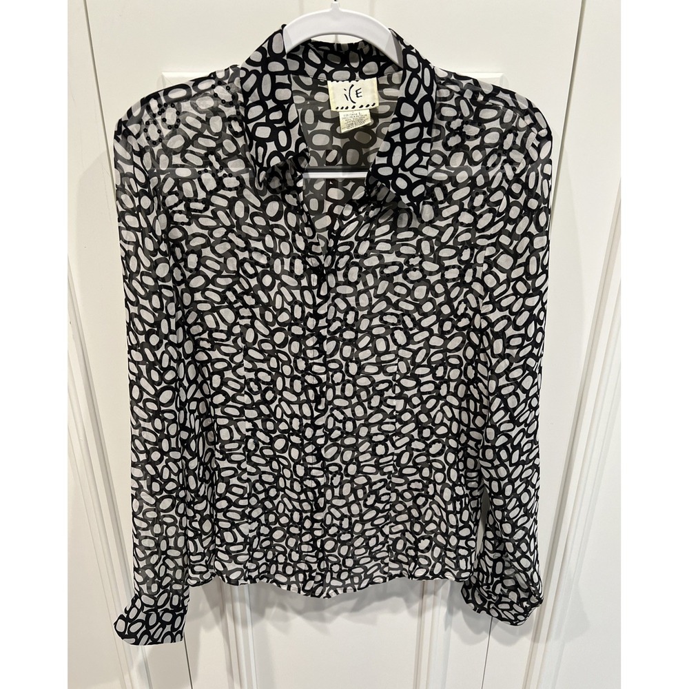 Vtg 90s ICE Silk Button Up Blouse Size Large Geometric Print Sequined Sheer